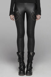 Leggings punk pour femmes en velours noir fendu, tricot, cuir PU, boucle en métal, chaîne connectée